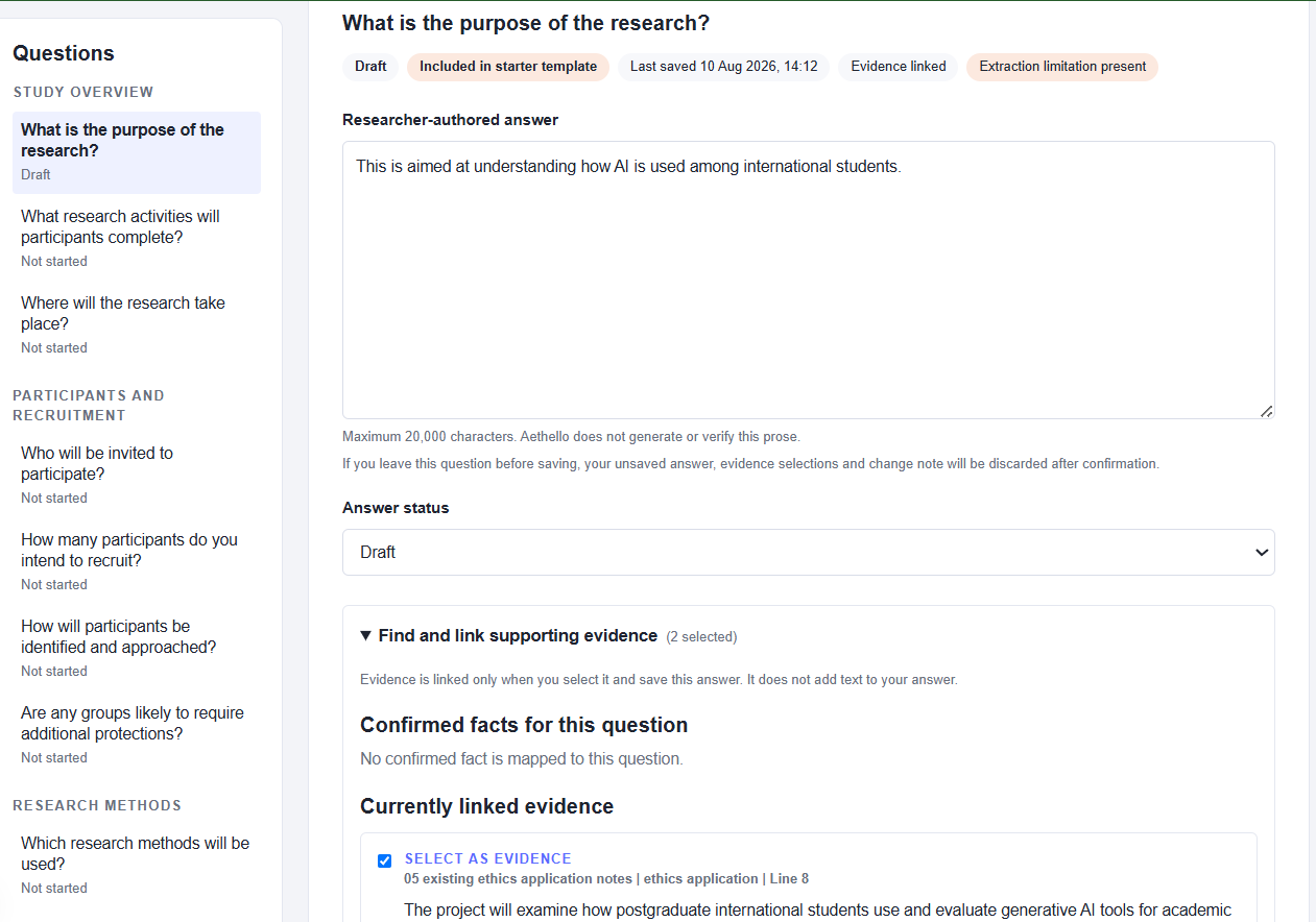 Aethello application question list, selected answer and linked supporting evidence