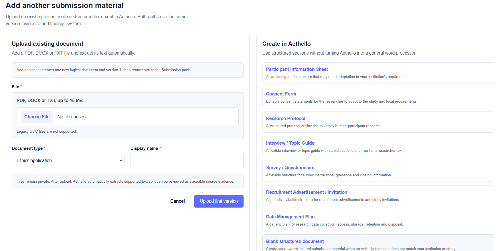 Upload an existing document or create a structured document in Aethello