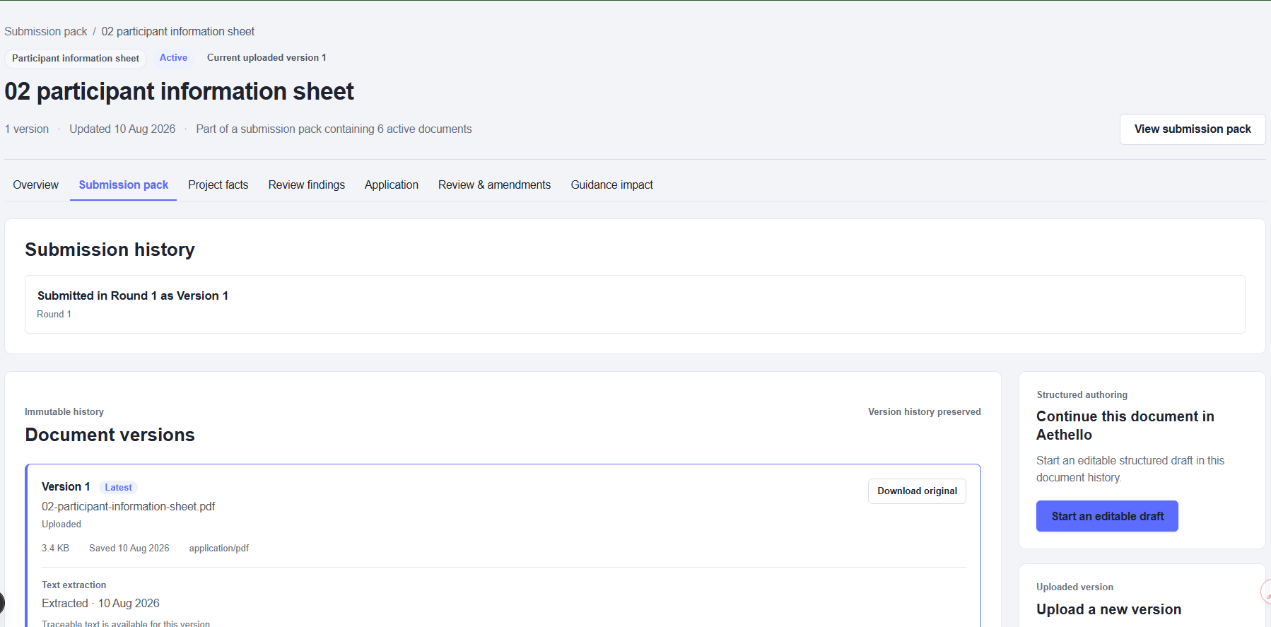 Submission history preserving Version 1 from Round 1 alongside later document options