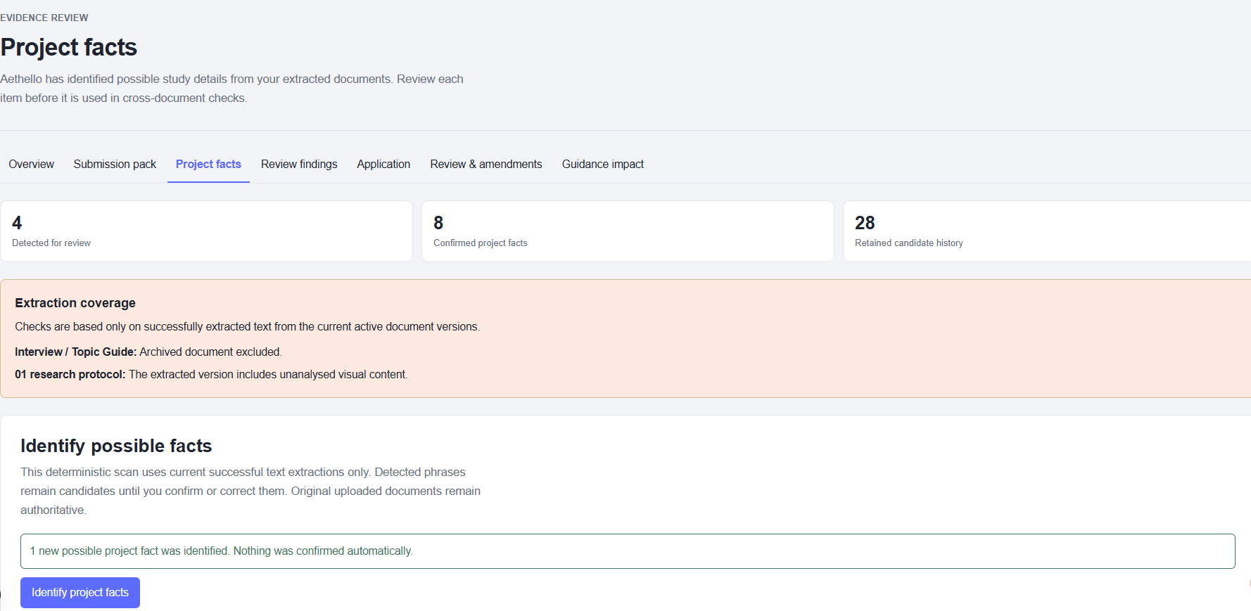 Project facts showing detected details, confirmed facts and extraction coverage